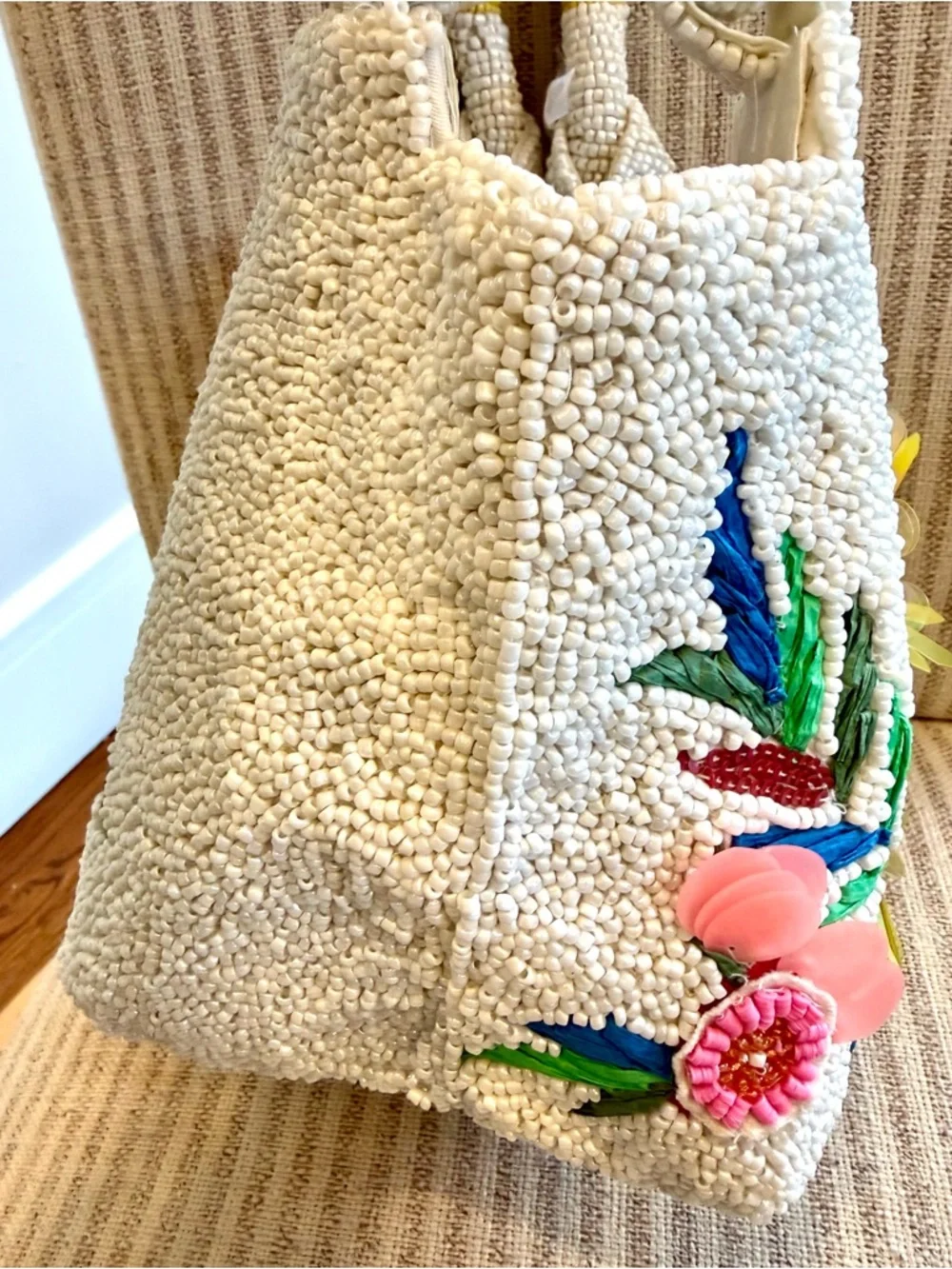 Made in India White Beaded Tote w/ Colorful Embroidered Parrot & Floral Accents - Picture 5 of 7